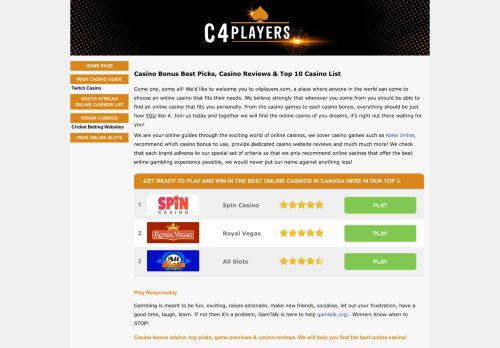Casino Bonus Picks + Reviews & Casino Top 10 | C4Players.com