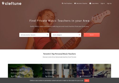 Cleftune – Find in-home private music teachers in your local area. Easily search, match and connect with top personal music teachers from your local area. Get a feel for your personal music teacher before starting the lesson.